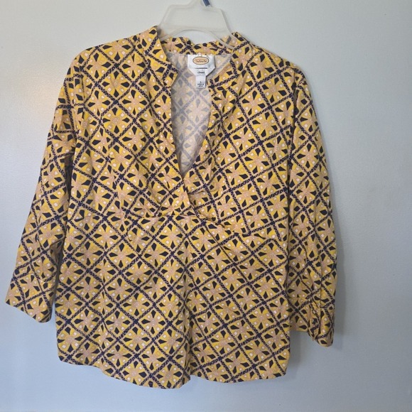 Talbots Womens Shirt Size Large Geometric Yellow Blue Pullover V Neck Stretch - Picture 2 of 9